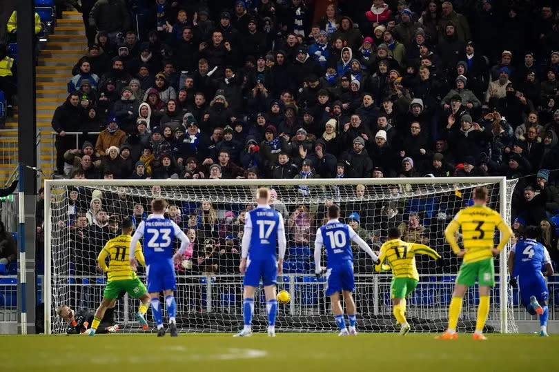 Adam Idah scores from the penalty spot for Norwich City against Bristol Rovers -Credit:David Davies/PA Wire.