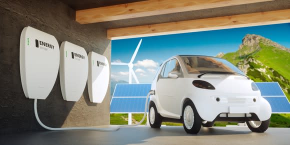An electric vehicle connected to energy storage, with solar and wind power plants in the background