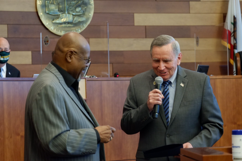 President of the NAACP's Stockton Chapter Bobby Bivens (left) accepts the San Joaquin County Board of Supervisor's proclamation recognizing February 2022 as Black History Month. Board Supervisor and chair Chuck Winn presented Bivens with the recognition during the Feb. 15, 2022 meeting.