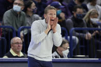 Gonzaga head coach Mark Few shouts to players during the second half of the team's NCAA college basketball game against San Francisco, Thursday, Jan. 20, 2022, in Spokane, Wash. Gonzaga won 78-62. (AP Photo/Young Kwak)