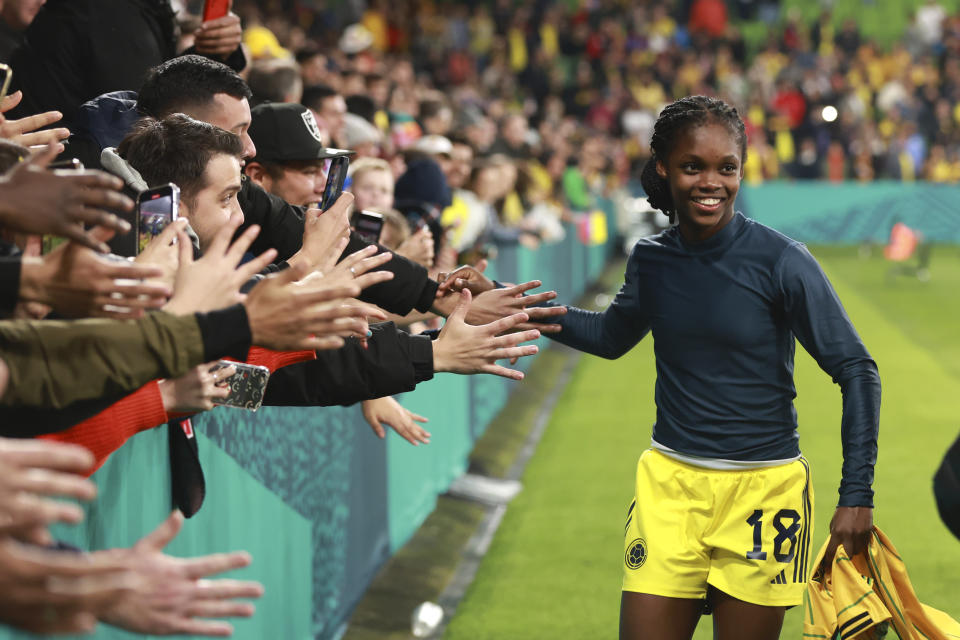 Colombia's Linda Caicedo celebrates at the end of the Women's World Cup round of 16 soccer match between Jamaica and Colombia in Melbourne, Australia, Tuesday, Aug. 8, 2023. (AP Photo/Hamish Blair)