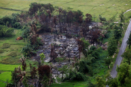 Aerial view of a burned Rohingya village near Maungdaw, north of Rakhine state, Myanmar September 27, 2017. REUTERS/Soe Zeya Tun