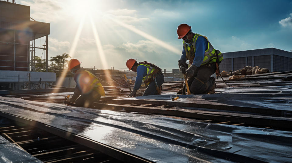 A construction site with workers wearing hard hats and safety vests, installing roofing materials.