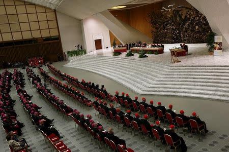 Pope Francis leads a special audience to mark the 50th anniversary of the Synod of Bishops in Paul VI hall at the Vatican October 17, 2015. REUTERS/Tony Gentile -