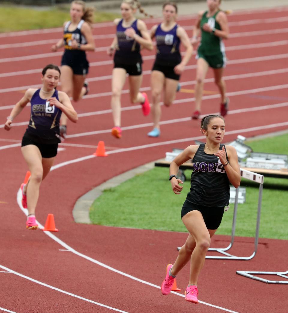 North Kitsap’s Salix Wartes-Kahl competes in the 800 Meter during the Olympic League Track and Field Championships at North Kitsap High School in Poulsbo on Saturday, May 4, 2024. Wartes-Kahl took first place with a time of 2:19.97.