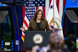 U.S. Vice President Kamala Harris speaks at NFI subsidiary New Flyer’s St. Cloud Facility