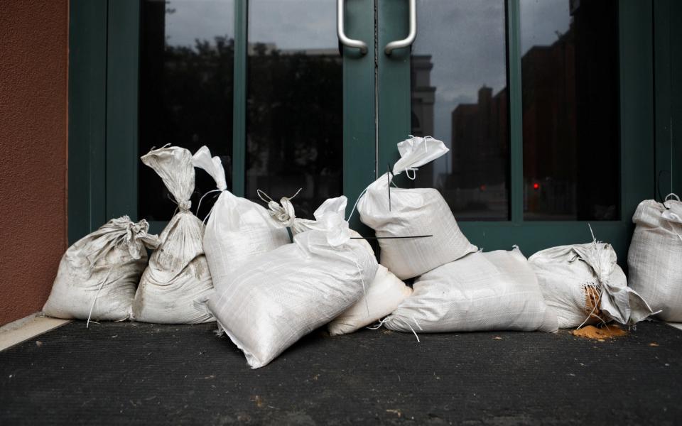 A pile of sandbags for preventing floodwater in downtown Tallahassee