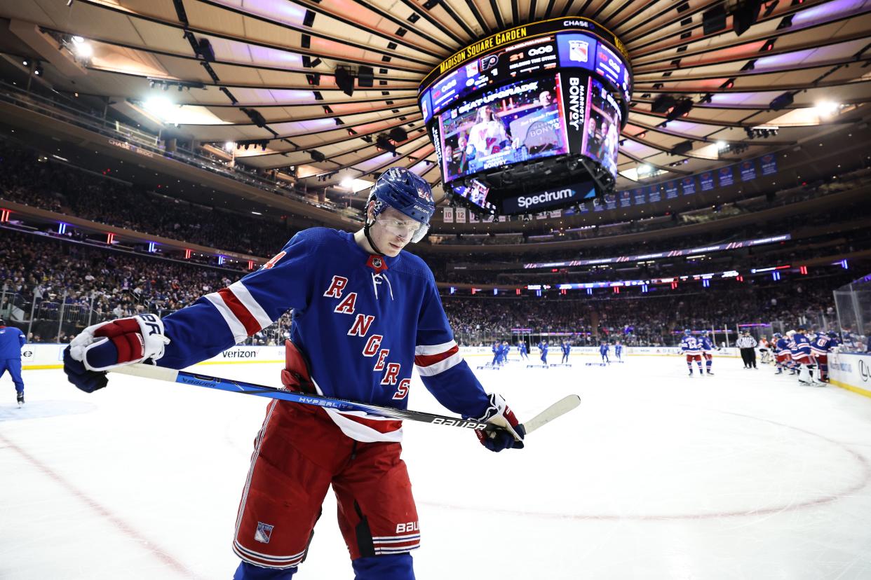 NEW YORK, NEW YORK - APRIL 11: Kaapo Kakko #24 of the New York Rangers looks on during a break in the action during the first period against the Philadelphia Flyers at Madison Square Garden on April 11, 2024 in New York City.