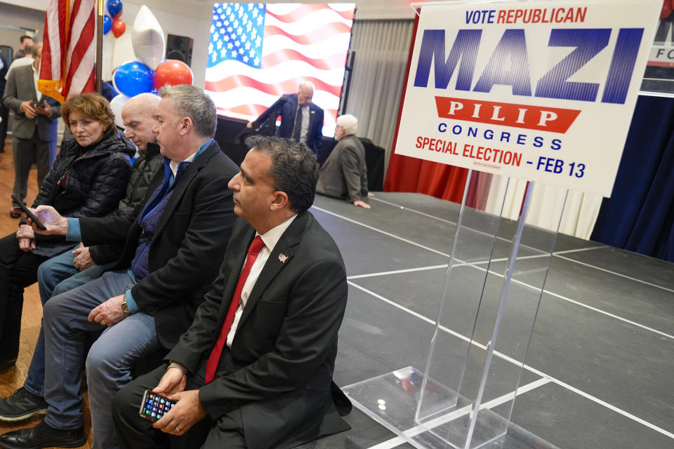 Supporters of Republican candidate for New York's 3rd congressional district Mazi Pilip react after Pilip lost to Democrat Tom Suozzi during an election night party, Tuesday, Feb. 13, 2024, in East Meadow, N.Y. (AP Photo/Mary Altaffer)