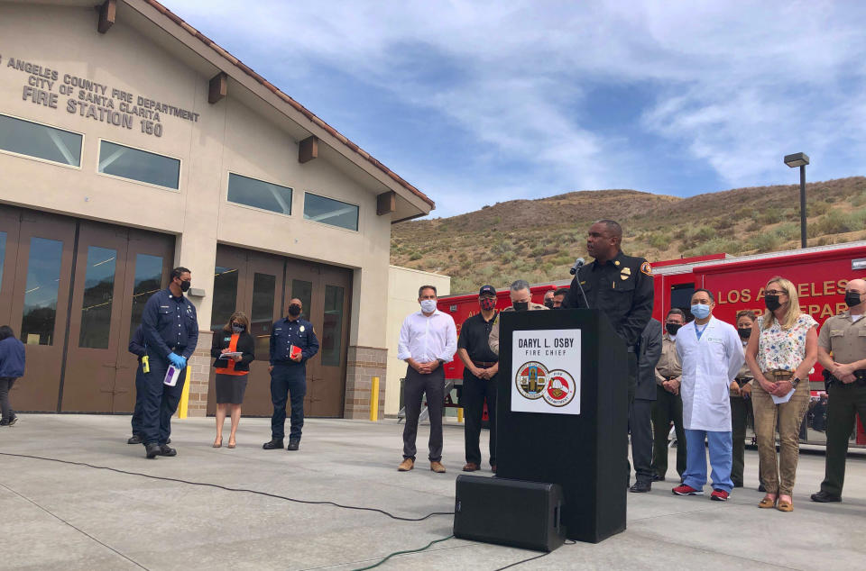 Los Angeles County Fire Chief Daryl Osby talks during a news conference about a shooting at a local fire station in Santa Clarita, Calif., on Tuesday, June 1, 2021. An off-duty Los Angeles County firefighter fatally shot a fellow firefighter and wounded another at Fire Station 81 before barricading himself at his home nearby, where a fire erupted and he was later found dead, authorities said. (AP Photo/Stefanie Dazio)