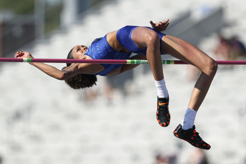 Vashti Cunningham clears the bar during the women's high jump at the U.S. Championships athletics meet, Saturday, July 27, 2019, in Des Moines, Iowa. (AP Photo/Charlie Neibergall)