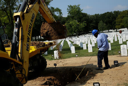 A worker measures the depth of a grave at Arlington National Cemetery in Washington, U.S., August 21, 2017. REUTERS/Joshua Roberts