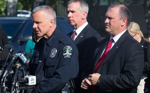 Brian Manley, Austin police chief, tells reporters that officers believe they are hunting a 'serial bomber' - Credit: AFP