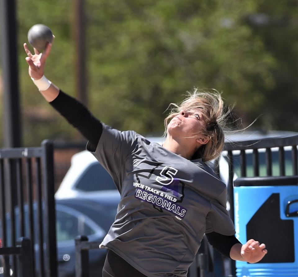 Wylie senior Elena Hoffman competes in the girls shot put. She finished seventh (35-7.75) at the Region I-5A track and field meet Saturday at Lowrey Field in Lubbock.