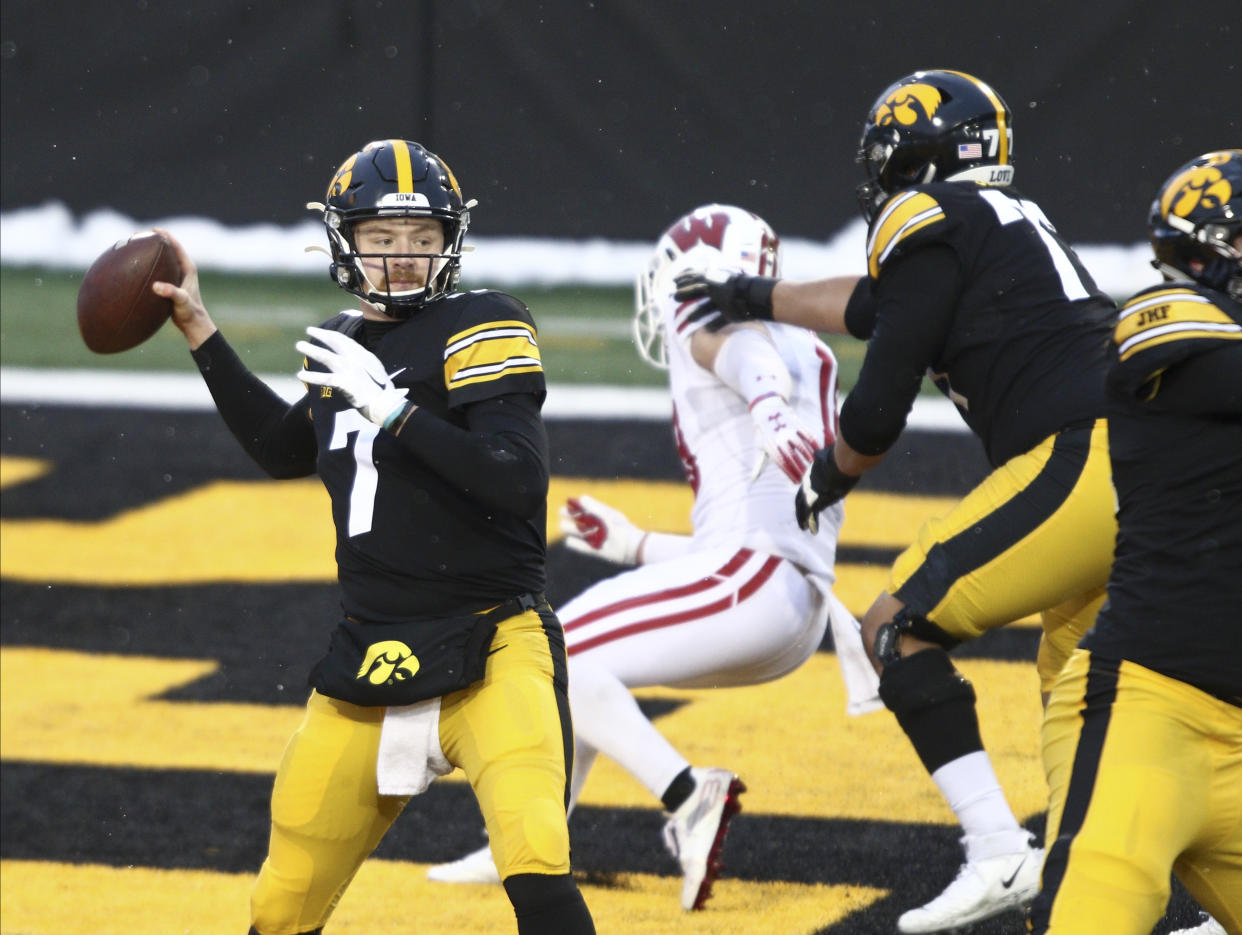 IOWA CITY, IOWA- DECEMBER 12:  Quarterback Spencer Petras #7 of the Iowa Hawkeyes drops back to throw a pass during the first half against the Wisconsin Badgers at Kinnick Stadium on December 12, 2020 in Iowa City, Iowa.  (Photo by Matthew Holst/Getty Images)