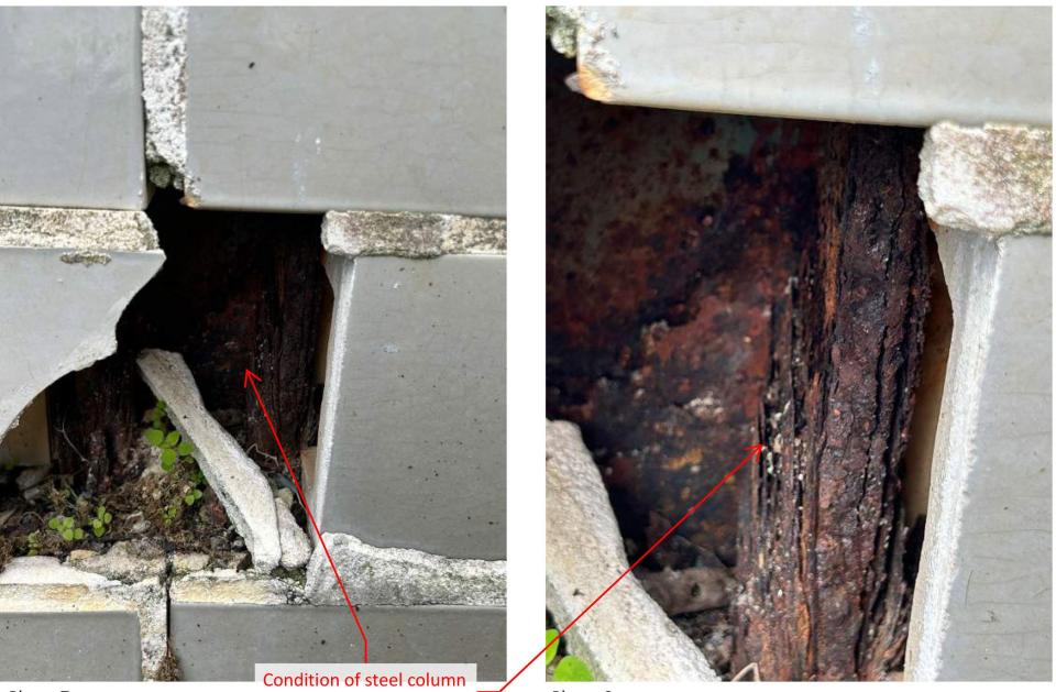 These photos, which are part of a report submitted to the North Port City Commission, show damage to custom clay tiles on one of the three historic buildings at Warm Mineral Springs, as well as deterioration of interior steel beams, after Hurricane Ian.