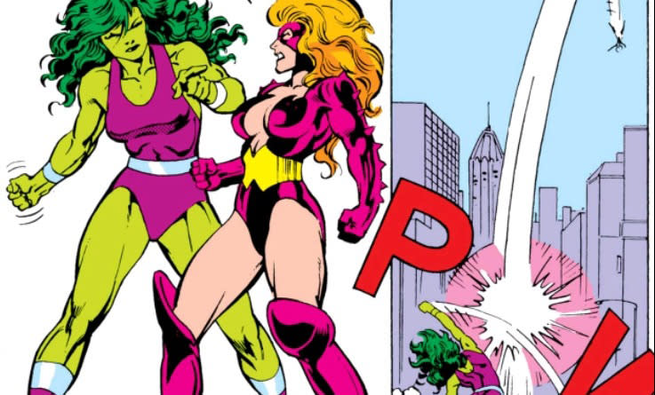 She-Hulk sparring with Titania beside an image of She-Hulk punching Titania into the sky