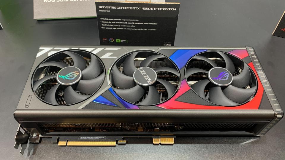 Photographs taken of Asus' BTF GPUs and motherboards at CES 2024.