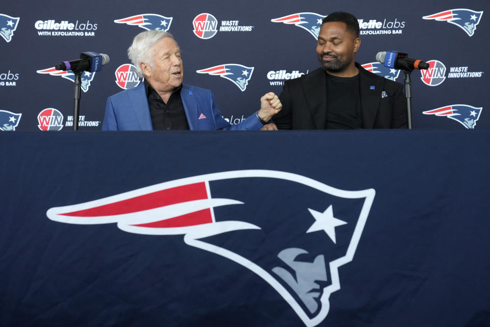 New England Patriots owner Robert Kraft, left, and newly-named Patriots head coach Jerod Mayo bump fists, Wednesday, Jan. 17, 2024, during an NFL football news conference, in Foxborough, Mass. Mayo succeeds Bill Belichick as the franchise's 15th head coach. (AP Photo/Steven Senne)