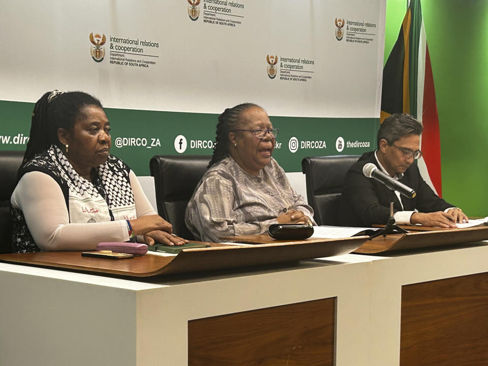 South African Foreign Minister Naledi Pandor, center, adresses a news conference in Pretoria, South Africa, Wednesday, Jan. 31, 2024. Pandor said that Israel has already ignored the ruling against it last week by the U.N.'s top court by killing hundreds more civilians in Gaza in a matter of days, while her country has also asked why an arrest warrant for Israeli Prime Minister Benjamin Netanyahu has not been issued in another case South Africa has brought at the separate International Criminal Court. (AP Photo/Sebabatso Mosamo)