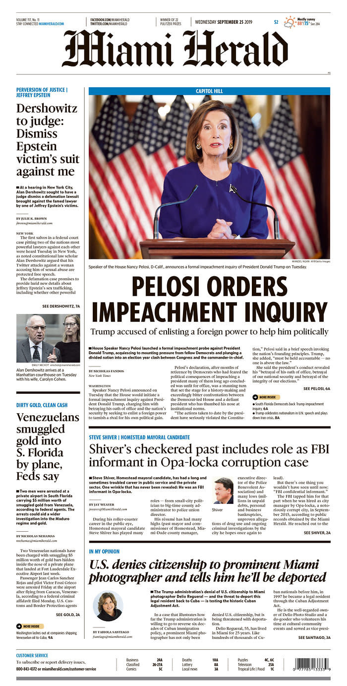 Pelosi Orders Impeachment Inquiry Miami Herald Published in Miami, Fla. USA. (newseum.org)
