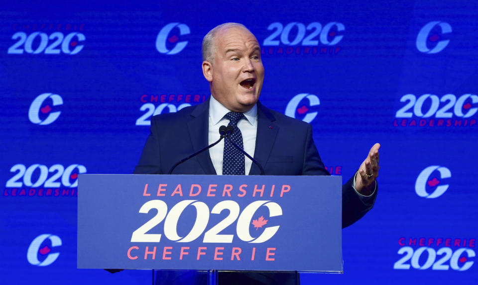 Conservative Party of Canada Leader Erin O'Toole speaks after his win at the 2020 Leadership Election in Ottawa, Ontario, Sunday, Aug. 23, 2020. (Sean Kilpatrick/The Canadian Press via AP)