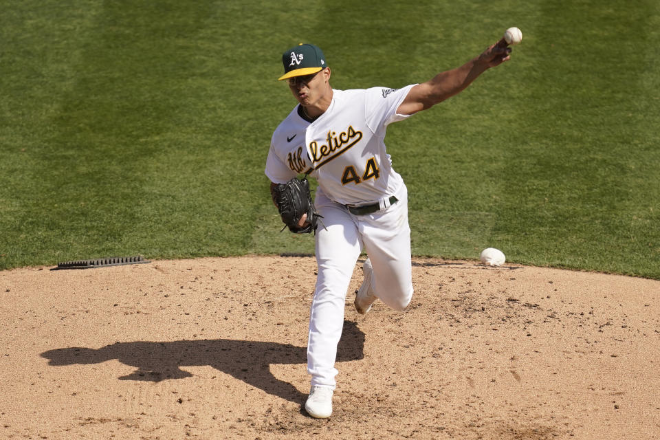 Oakland Athletics' Jesus Luzardo (44) pitches against the Chicago White Sox during the third inning of Game 1 of an American League wild-card baseball series Tuesday, Sept. 29, 2020, in Oakland, Calif. (AP Photo/Eric Risberg)