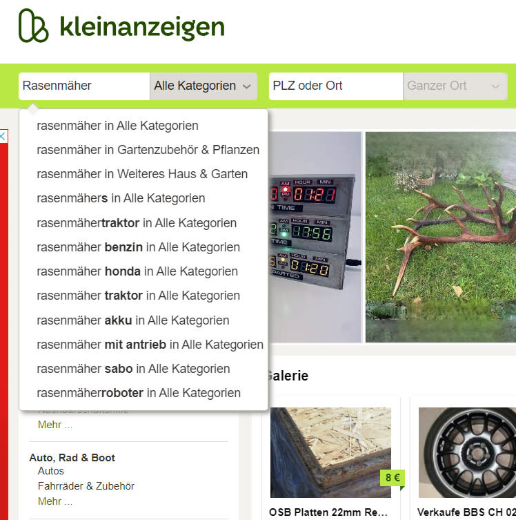 Ebay  Kleinanzeigen zeigt automatisch die beliebtesten Suchen zu einem Artikel an. (Bild: Screenshoot Yahoo)