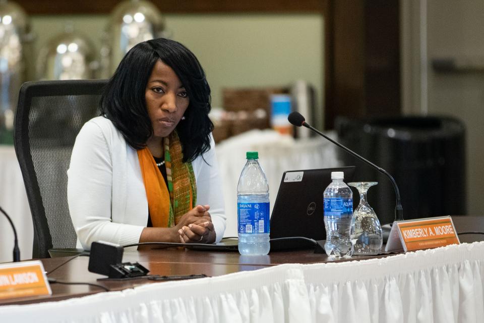 Kimberly A. Moore listens as Florida A&M University President Larry Robinson speak during a FAMU Board of Trustees meeting in the Grand Ballroom on Thursday, Oct. 6, 2022.