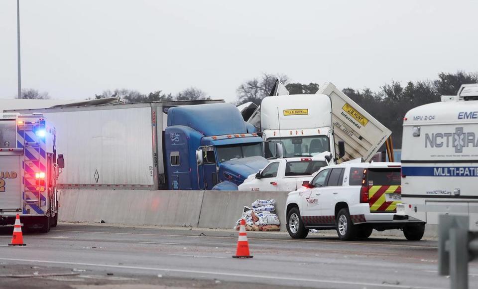 At least five people were killed and dozens were injured after a crash on I-35W northbound near downtown Fort Worth on Thursday morning, February 11, 2021. Icy roads led to a massive pile-up of vehicles, including multiple 18-wheelers as well as police and MedStar vehicles, officials said.
