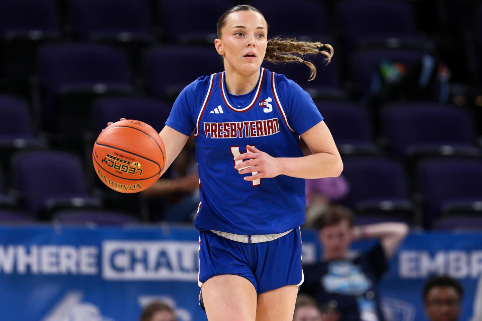 HIGH POINT, NORTH CAROLINA - MARCH 9: Tilda Sjokvist #4 of the Presbyterian Blue Hose dribbles against the High Point Panthers during the Big South Womens Basketball tournament at High Point University on March 9, 2024 in High Point, North Carolina.  (Photo by Isaiah Vazquez/Getty Images)