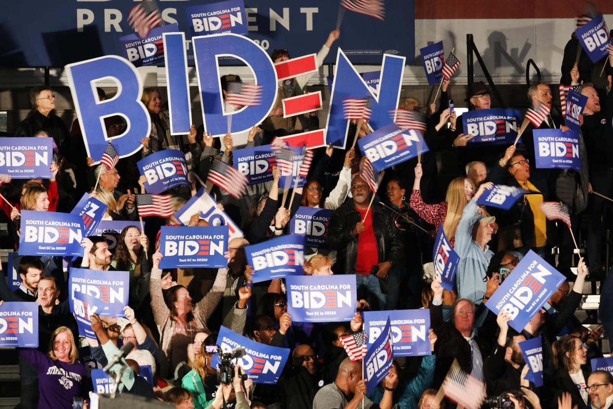 People cheer as Democratic presidential candidate Joe Biden is announced as the projected winner in the South Carolina presidential primary on February 29, 2020 in Columbia, South Carolina. South Carolina is the first-in-the-south primary and the fourth state in the presidential nominating process.