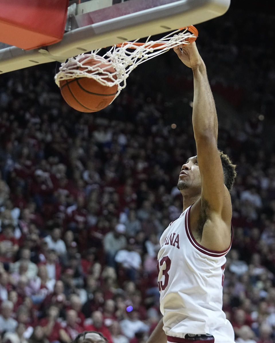 Indiana forward Trayce Jackson-Davis (23) dunks during the second half of an NCAA college basketball game against Jackson State, Friday, Nov. 25, 2022, in Bloomington, Ind. (AP Photo/Darron Cummings)