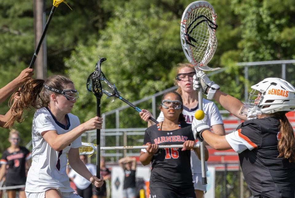 Wall Katie Neuffer shoots and scores in second half action. Wall defeats Barnegat 13-8 in NJSIAA Girls Lacrosse in Wall, NJ on May 20, 2022. 