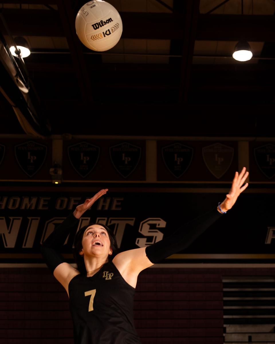Lone Peak High School’s Zoey Burgess, named 2023 Deseret News Ms. Volleyball, hits the ball for a portrait at Lone Peak High School in Highland on Saturday, Nov. 25, 2023. | Megan Nielsen, Deseret News