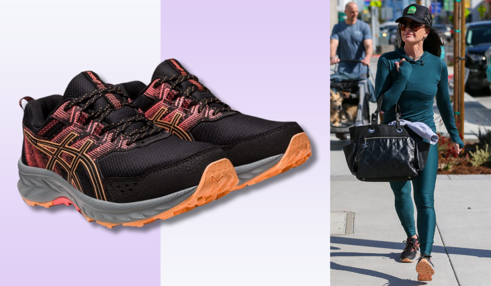 Asics Gel-Venture 9 running shoes in black and pink / Kyle Richards wearing the same shoes along with other athletic wear while walking on the sidewalk