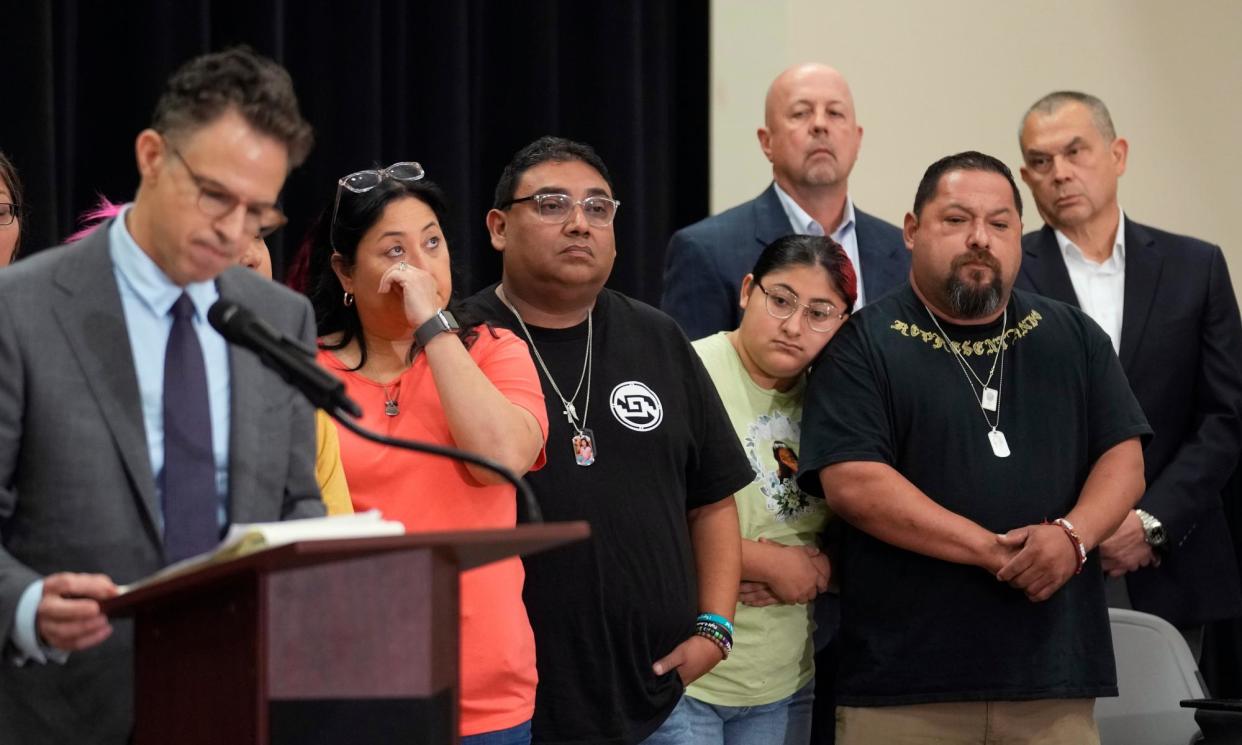 <span>Families of the victims of the Uvalde shooting at a news conference on Wednesday.</span><span>Photograph: Eric Gay/AP</span>