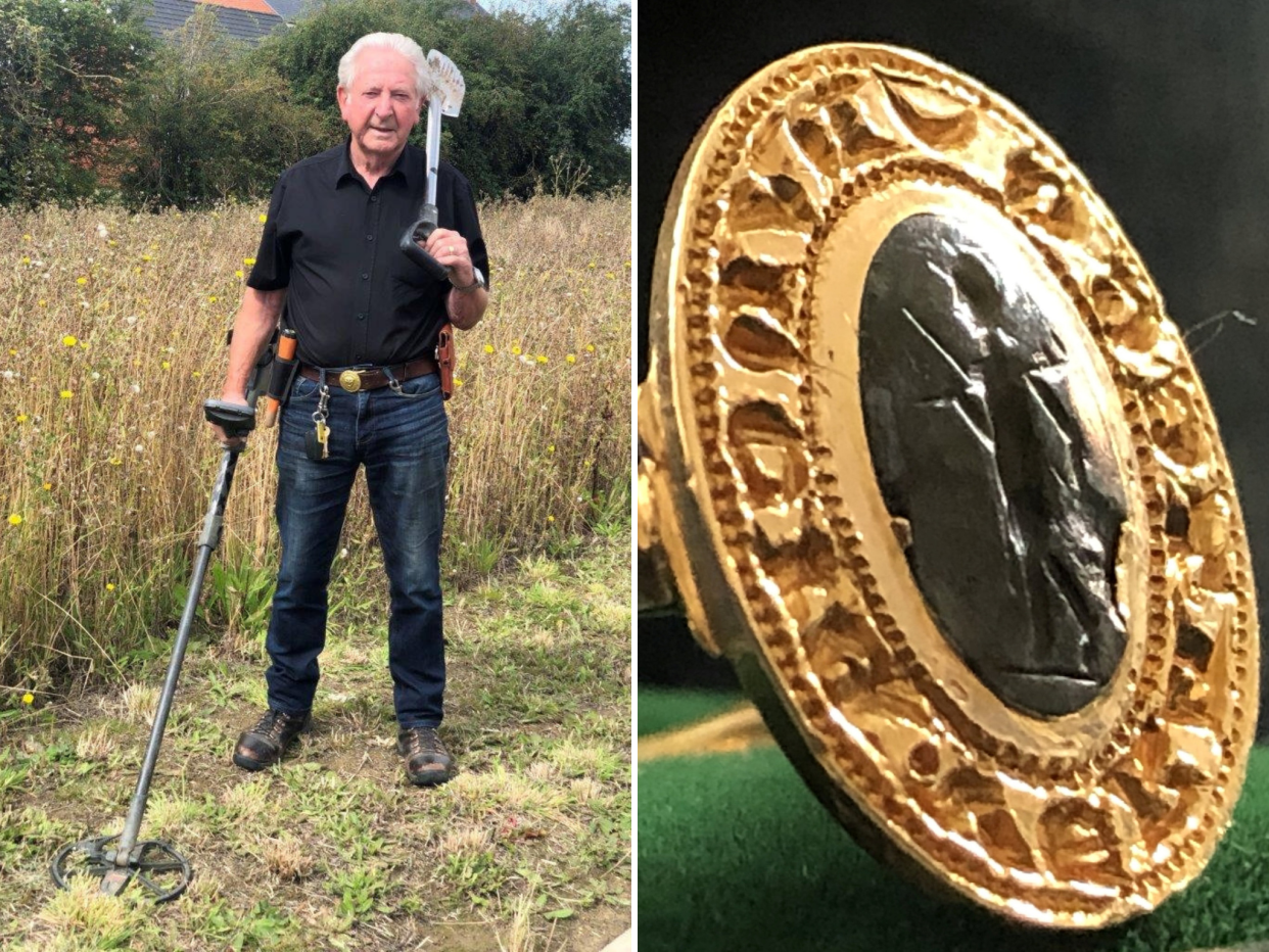 Metal detectorist Tom Clark, 81, discovered a ring he found on farmland near Aylesbury in 1979 is a rare fourteenth century gold ring worth up to £10,000: Hansons/SWNS