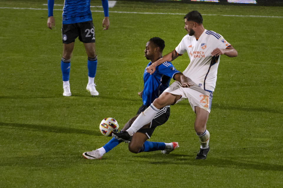 FC Cincinnati's Matt Miazga, right, tackles CF Montreal's Mason Toye during the second half of an MLS soccer match Saturday, April 13, 2024, in Montreal. (Peter McCabe/The Canadian Press via AP)