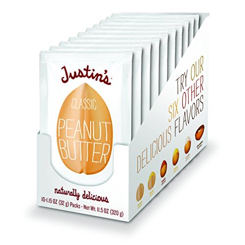 Justin's Classic Peanut Butter Squeeze Packs, Only Two Ingredients, Gluten-free, Non-GMO, Responsibly Sourced, Pack of 10 (1.15oz each) (Amazon / Amazon)