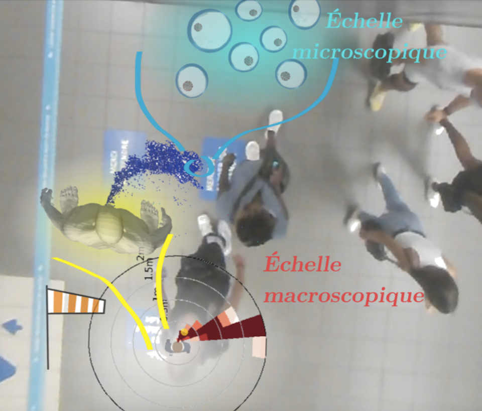 Figure 1 : Une modélisation multi-échelles des risques de transmission virale est rendue possible par la création de cartes dynamiques des concentrations virales autour d’un émetteur. A. Nicolas, S. Mendez, Fourni par l'auteur