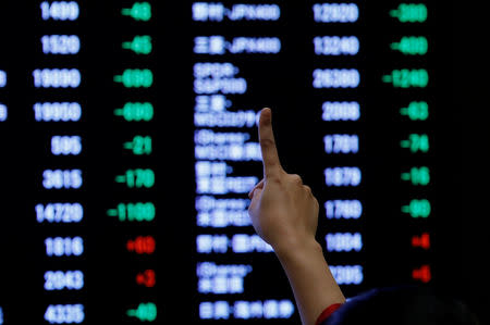 A woman points to an electronic board showing stock prices as she poses in front of the board after the New Year opening ceremony at the Tokyo Stock Exchange (TSE), held to wish for the success of Japan's stock market, in Tokyo, Japan, January 4, 2019. REUTERS/Kim Kyung-Hoon