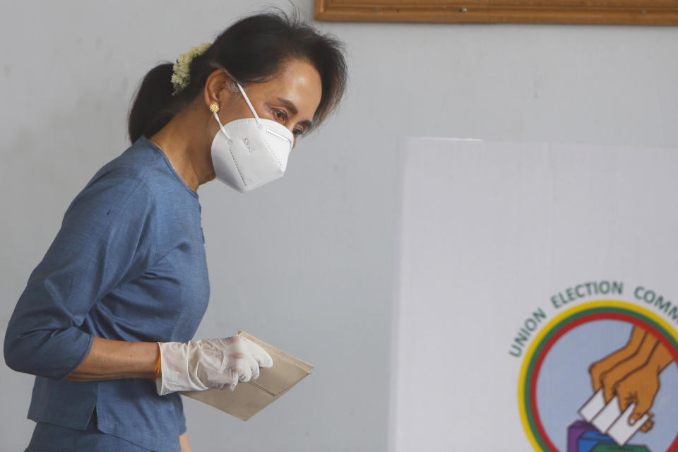 FILE - Aung San Suu Kyi prepares to make an early voting for upcoming Nov. 8 general election at Union Election Commission office in Naypyitaw, Myanmar on Oct. 29, 2020. When the army moved to overthrow Myanmar's elected government in the early hours of Feb. 1, 2021, to overthrow the elected government of Aung San Suu Kyi, it looked like a walkover that could entrench the military in power indefinitely. Three years later, a poorly armed but popular and politically savvy grassroots resistance movement has shaken the military’s grip, in a modern-day David vs. Goliath scenario, but the costs have been high.(AP Photo/Aung Shine Oo, File)