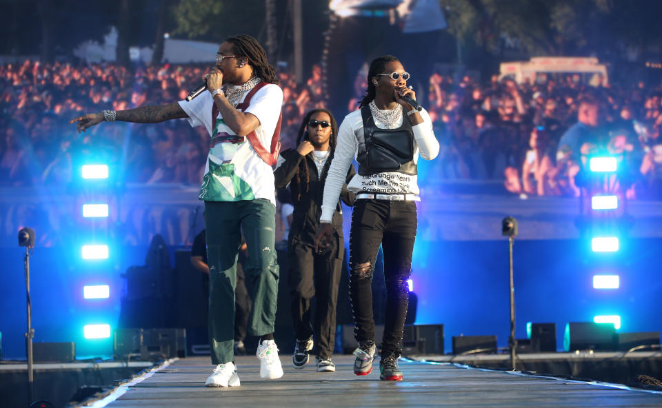 Takeoff, Quavo and Offset from Migos perform on stage on Day 1 of Wireless Festival held at Finsbury Park, London. (Photo by Isabel Infantes/PA Images via Getty Images)