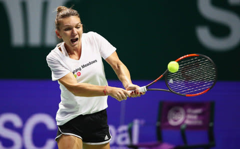  Simona Halep of Romania practices prior to the BNP Paribas WTA Finals Singapore presented by SC Global at Singapore Sports Hub on October 21, 2017 in Singapore - Credit: Getty Images