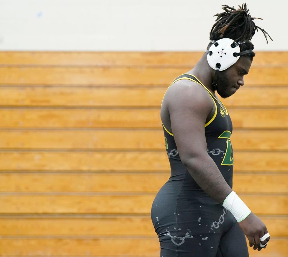 DeLand's MJ Smokes prepares for his semifinals match during the Region 1-3A Tournament at DeLand High School, Saturday, Feb. 24, 2024.