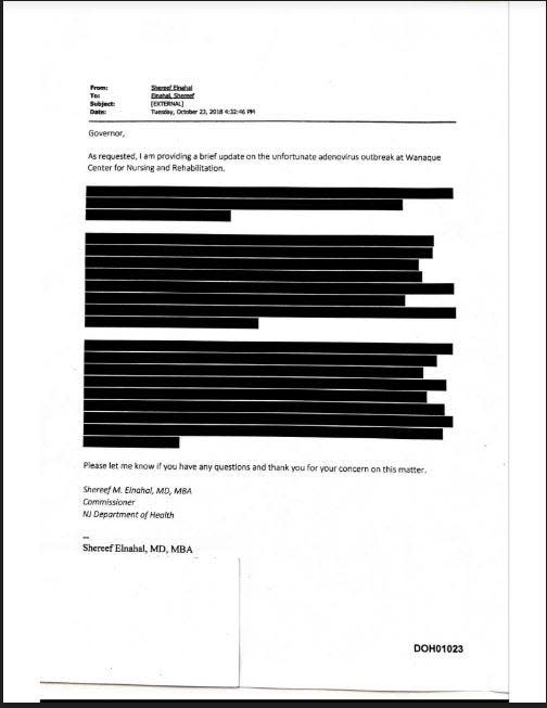A heavily redacted email from the Health Department commissioner to Gov. Phil Murphy on the day the Wanaque Center outbreak was announced in 2018.