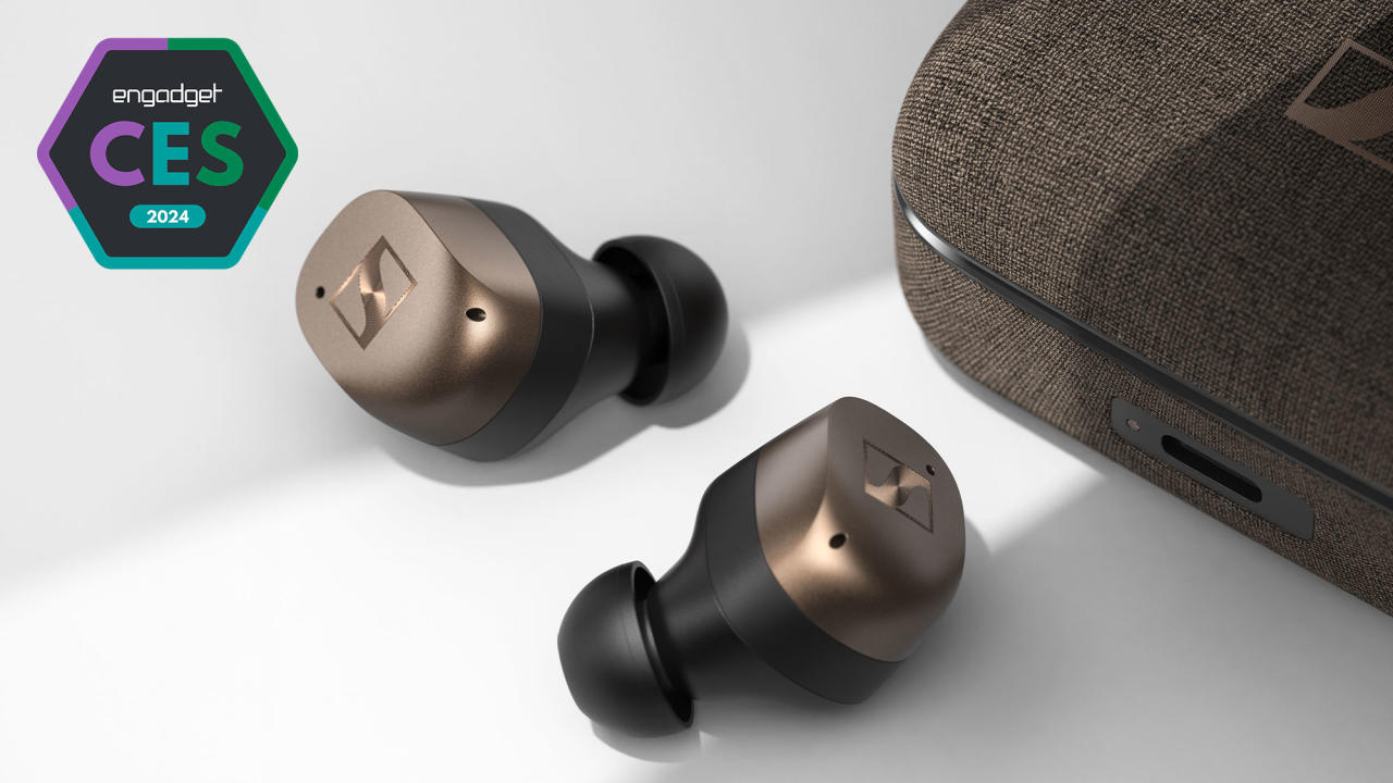 An image with a badge for Engadget Best of CES 2024 showing the product: Sennheiser Momentum True Wireless 4 earbuds which are both loose next to their fabric-covered charging case.