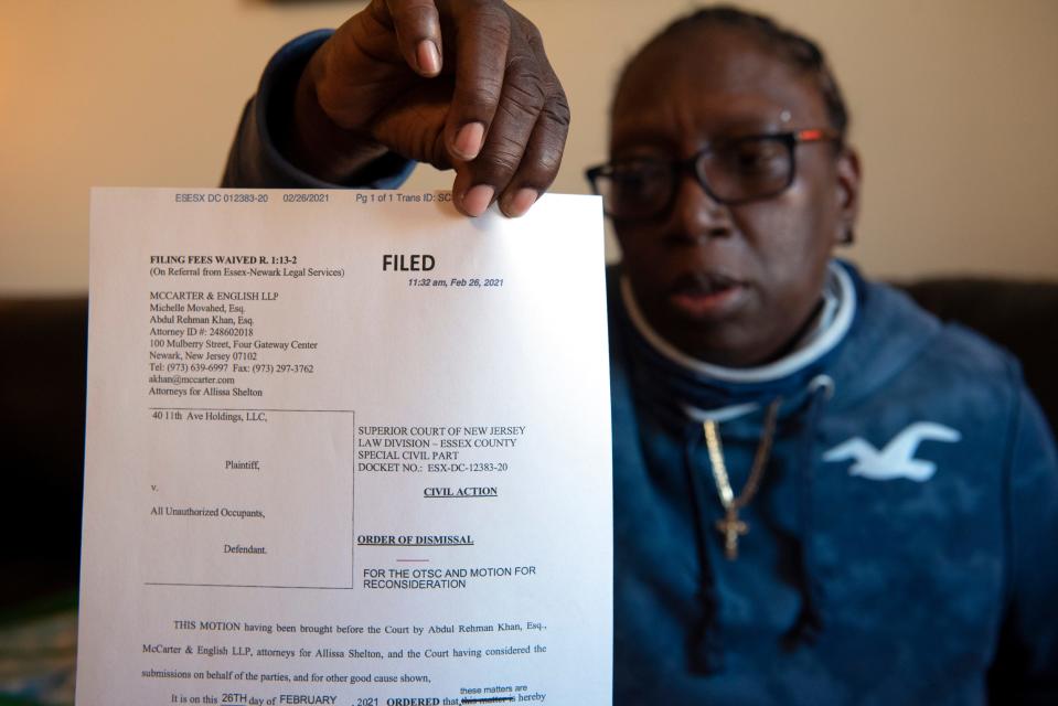 After living in her Newark apartment for fourteen years, having a lease and paying her rent on time, Allissa Shelton was evicted from her apartment in October 2020. Shelton's landlord claimed she was an "unauthorized occupant," and despite a moratorium on evictions in New Jersey during the COVID-19 pandemic she was locked out of her apartment for a week and her beloved dogs, Max and Nevaeh were locked inside. Shelton's case was eventually dismissed on February 26, 2021.