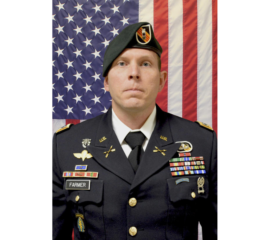 This photo provided by Fort Bragg shows Army Chief Warrant Officer 2 Jonathan R. Farmer, 37, of Boynton Beach, Fla. Farmer was killed in the northern Syrian town of Manbij on Wednesday, Jan. 16, 2019. The attack also wounded three U.S. troops and was the deadliest assault on U.S. troops in Syria since American forces went into the country in 2015. (Fort Bragg via AP)